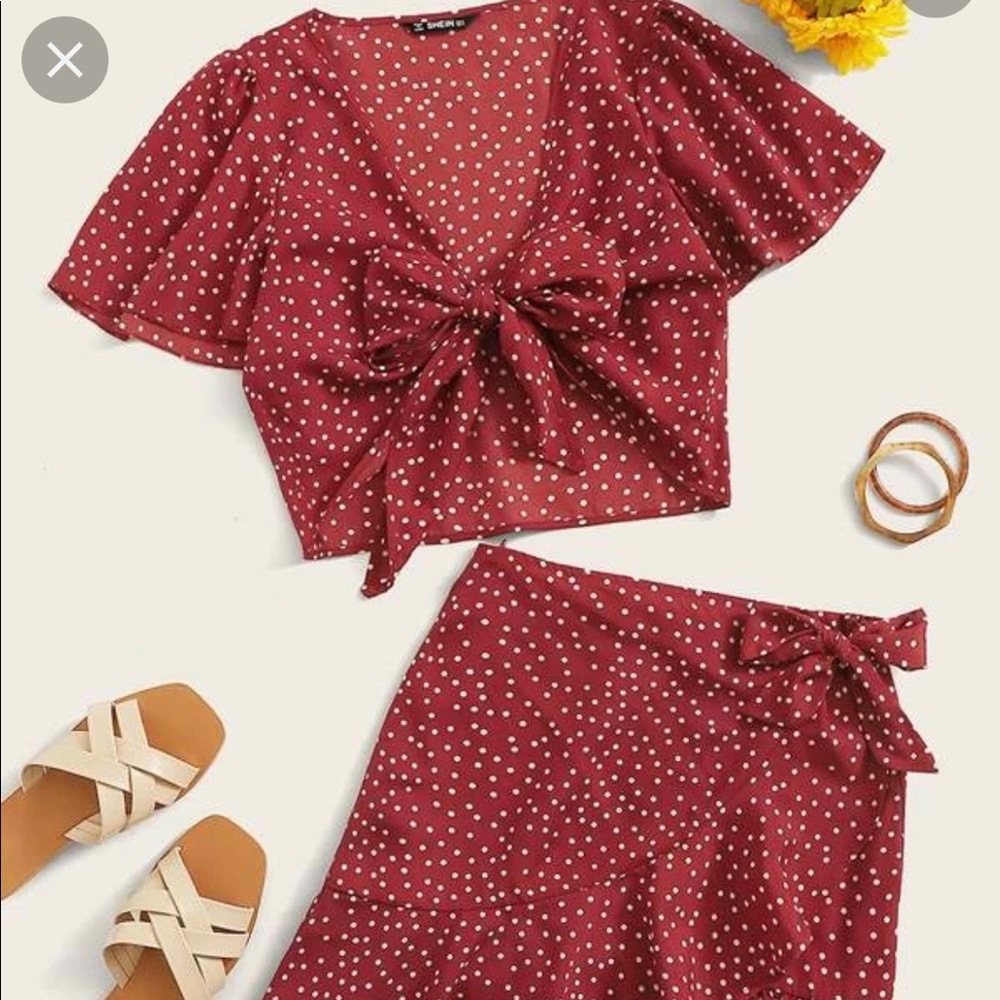 SHEIN Polka Dot Self-Tie Crop Top & Wrap Skirt Set